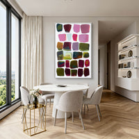 "Verdant Architectural Echo" is a 100% hand-painted geometric abstract created with professional oil and acrylic paints on high-quality canvas. Its green & pink palette and visible textured strokes give every piece authentic handmade variation and tactile depth.