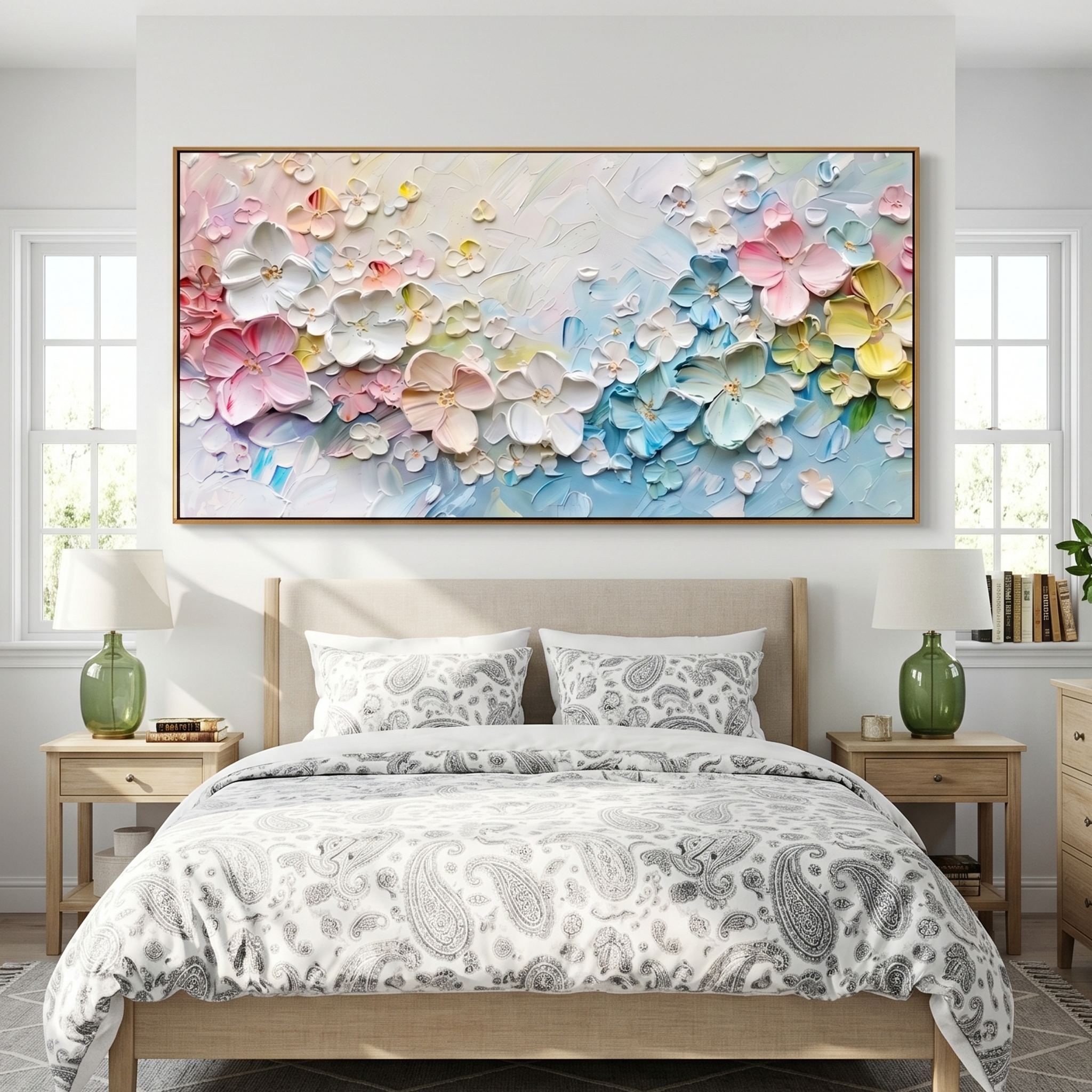 "Floral Sanctuary" – 3D Sculptural Heavy Impasto Blossom | Modern Creamy Style Healing Long Horizontal Wall Art #PT 546