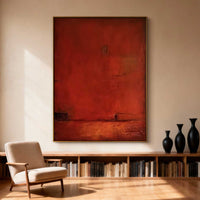 "Crimson Muted Space" is a 100% hand-painted minimalist abstract created with professional oil and acrylic paints on high-quality canvas. Its red palette and visible textured strokes give every piece authentic handmade variation and tactile depth.