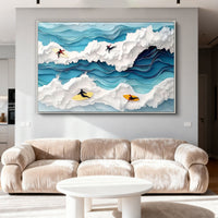"Azure Harbor Tide" is a 100% hand-painted seascape created with professional oil and acrylic paints on high-quality canvas. Its blue & white palette and visible textured strokes give every piece authentic handmade variation and tactile depth.