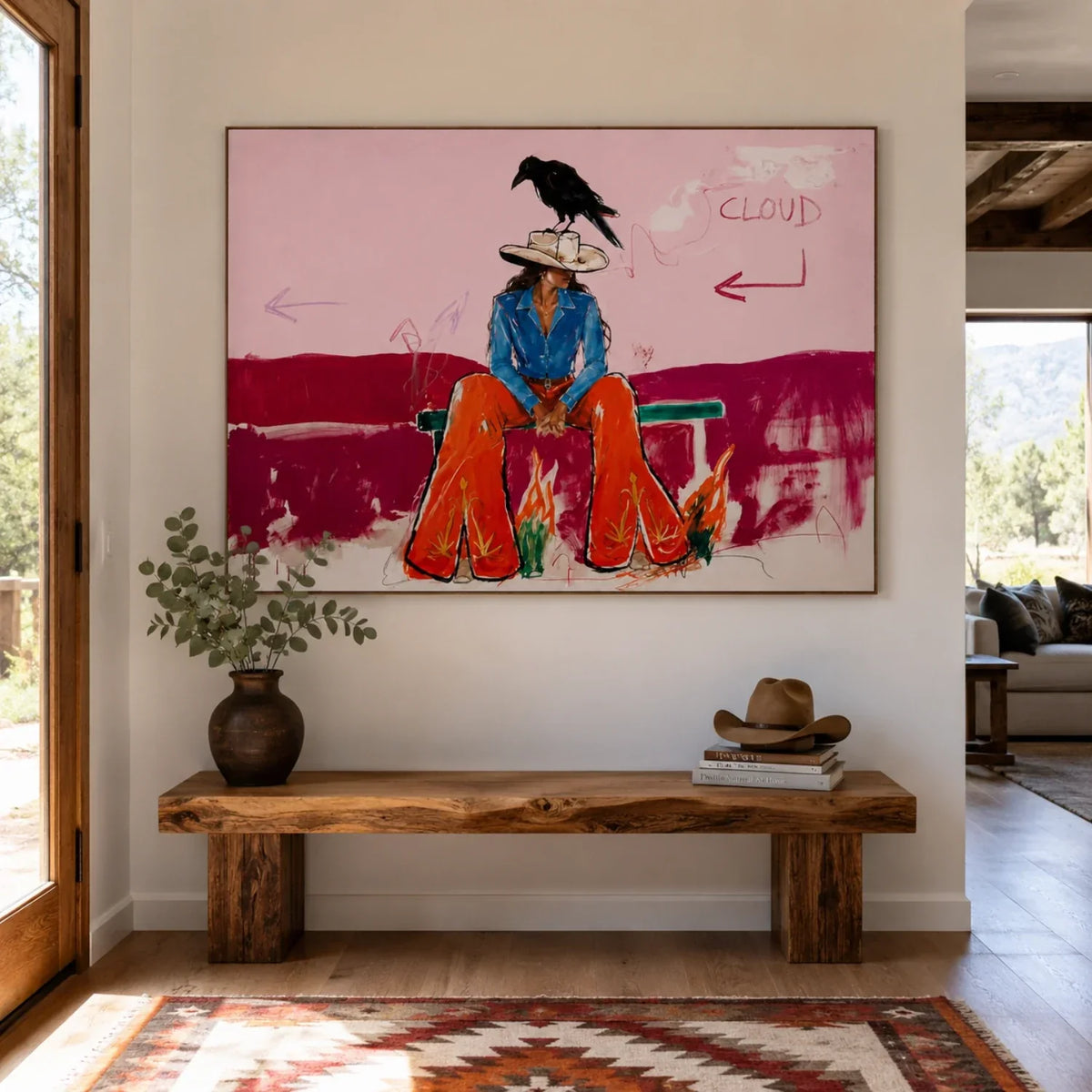 "Crow’s Cowgirl" - Modern Heavy Impasto Western Animal Artwork | Pink Palette Knife Painting | Luxury Horizontal Wall Art #PT 2654