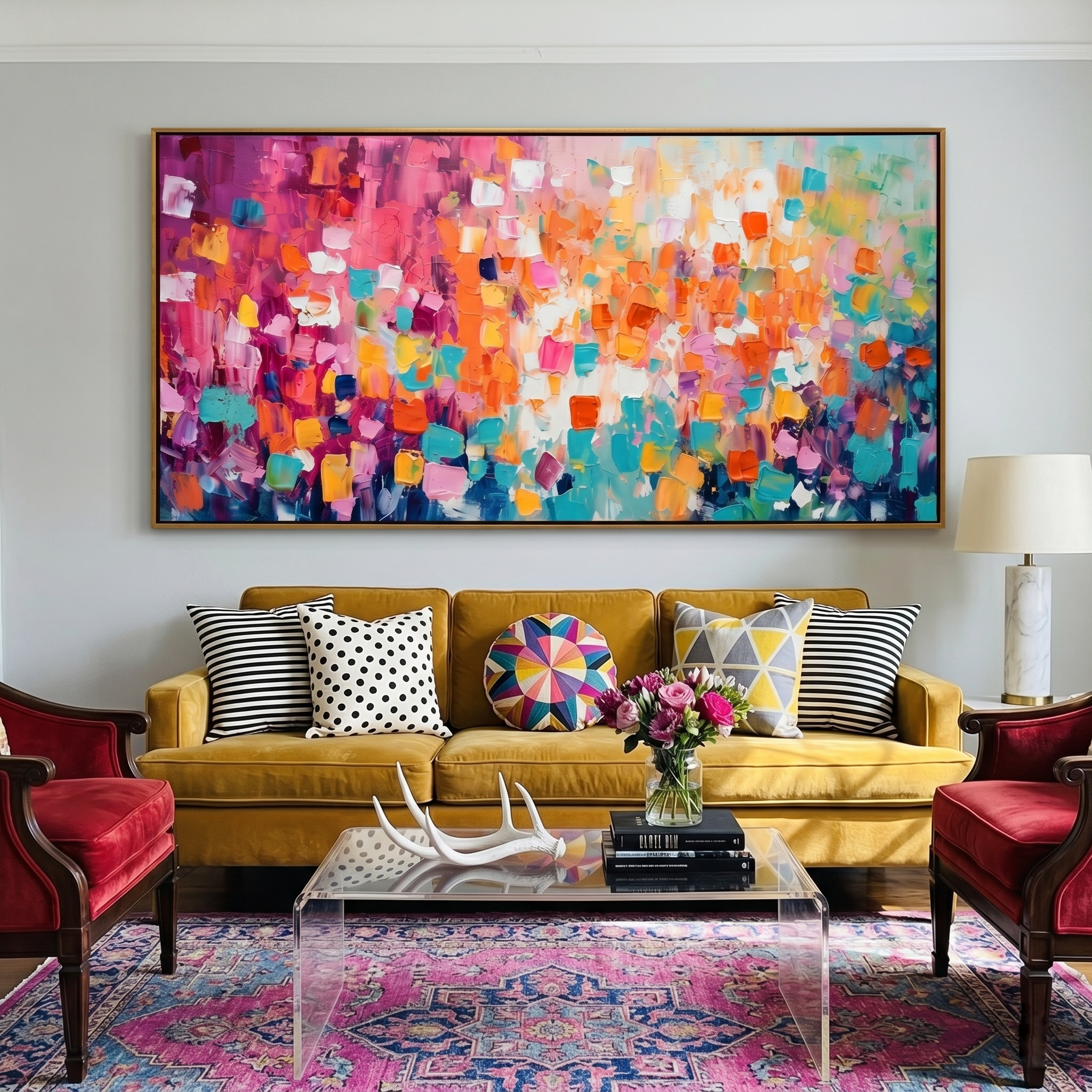 "Chromatic Celebration" – Modern Vibrant Mosaic Impasto | Dopamine Style Horizontal Statement Art #AB998