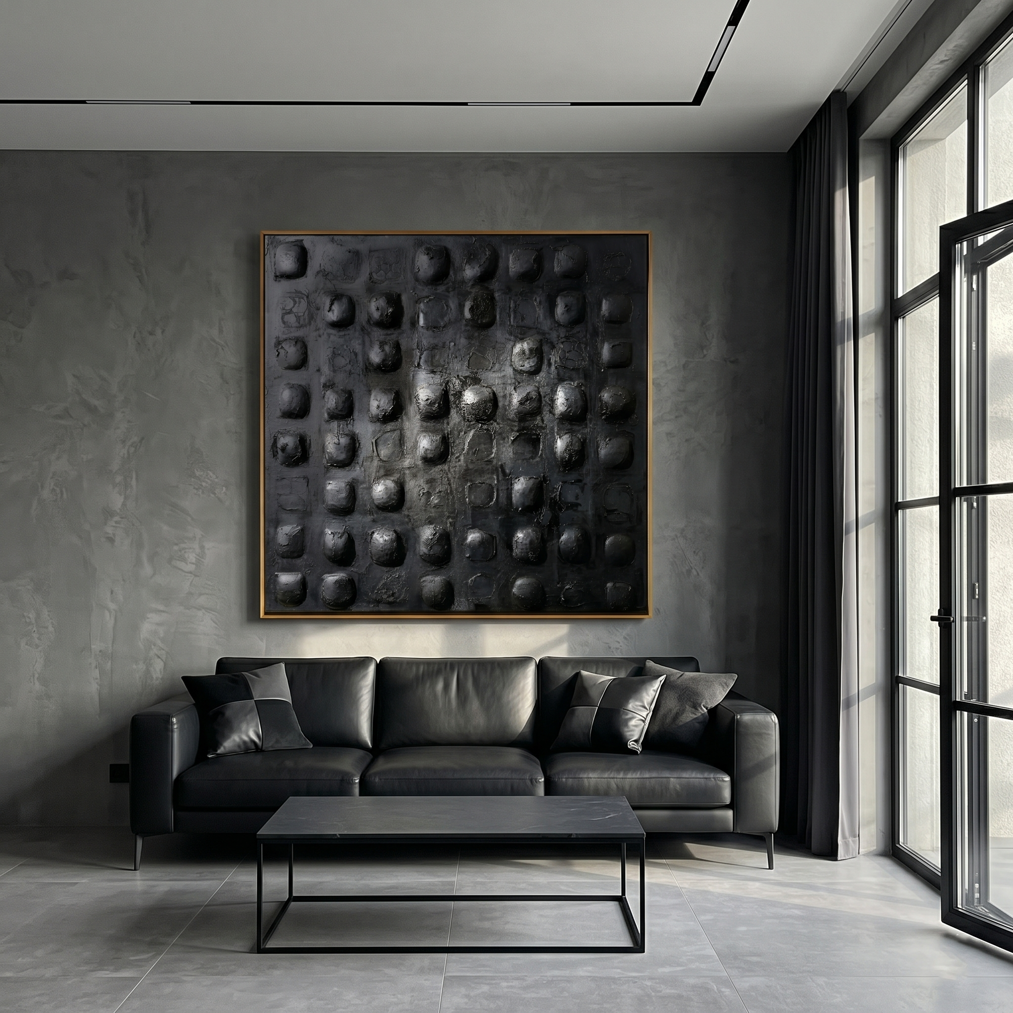 "Obsidian Pulse" – Dark Minimalist 3D Matrix Relief | Hand-Textured Carbon-Black Abstract Painting for Luxury Interiors #WS 233