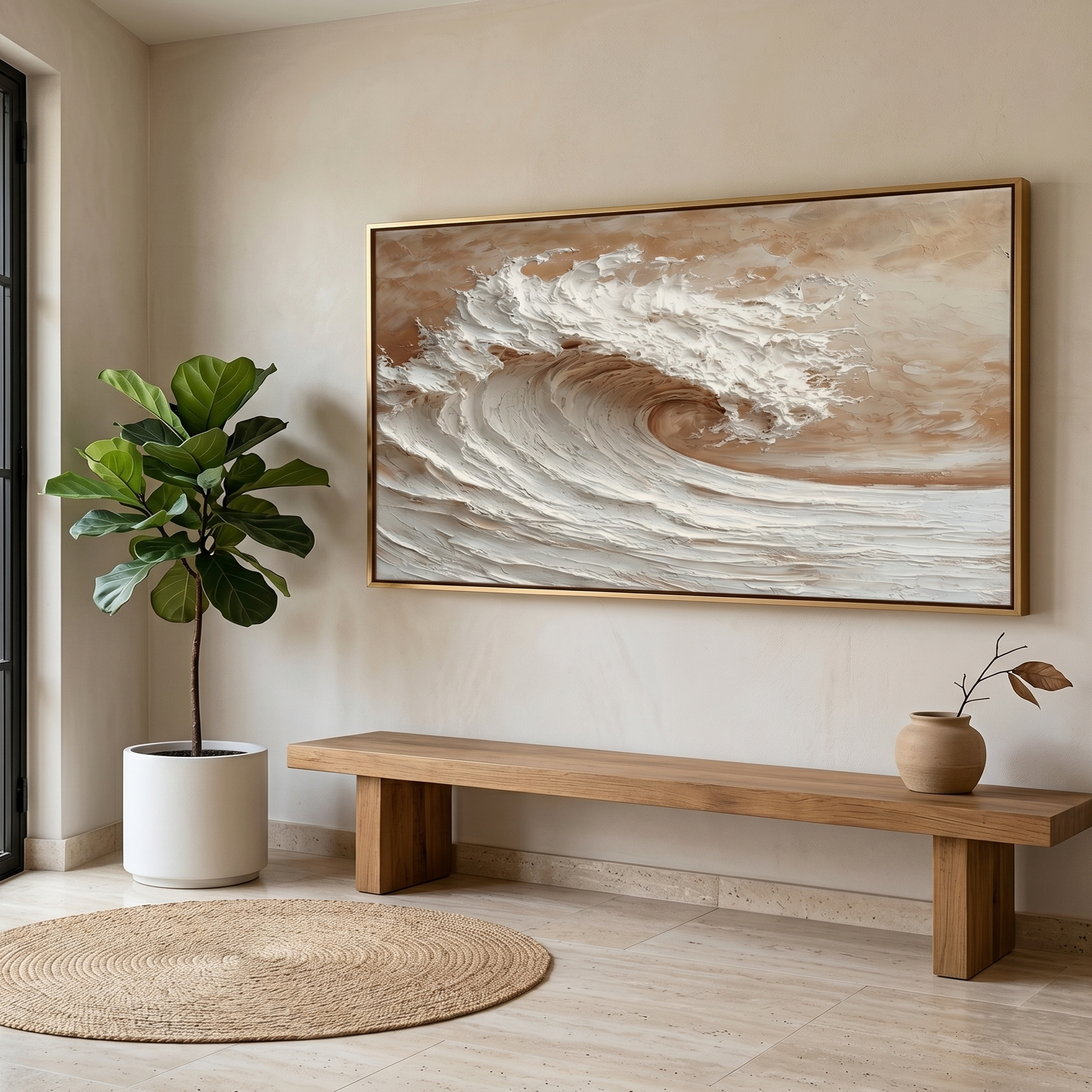 "The Amber Tide" – 3D Sculptural Heavy Impasto Wave | Modern Earth Tone Textured Horizontal Statement Art #PT 543