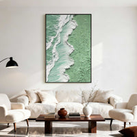 "Verdant Shoreline Light" is a 100% hand-painted seascape created with professional oil and acrylic paints on high-quality canvas. Its green & white palette and visible textured strokes give every piece authentic handmade variation and tactile depth.