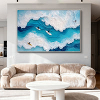 "Azure Tidal Glow" - Textured Seascape Art | 3D Blue & White Impasto Canvas Painting | Luxury Horizontal Wall Art #PT 176