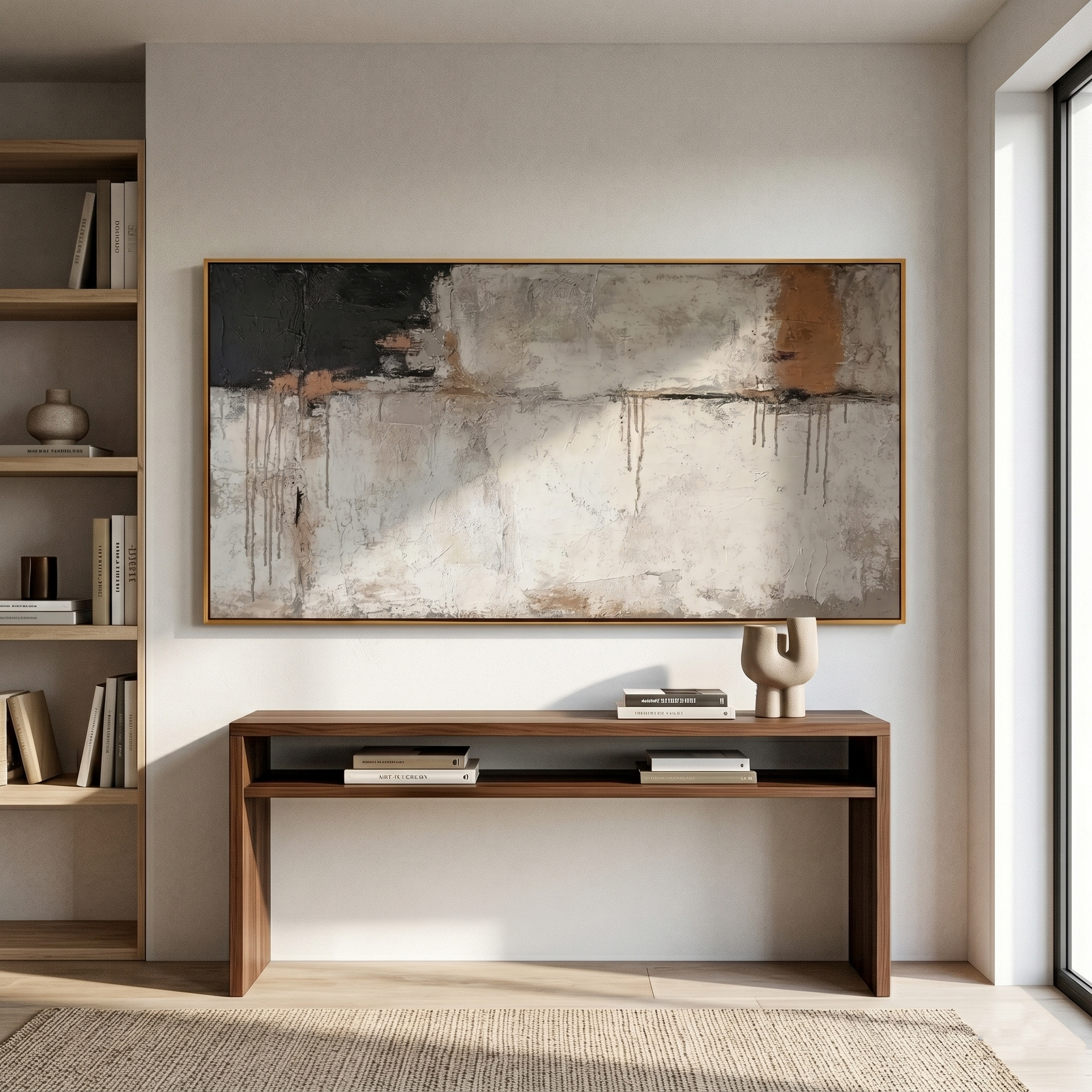 "Echo of the Plains" – Modern Industrial Heavy Impasto Abstract | Minimalist Wabi-Sabi Black & Gray Horizontal Art #WS 238