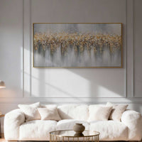 "Golden Flowing Divide" is a 100% hand-painted abstract artwork created with professional oil and acrylic paints on high-quality canvas. Its gold & grey palette and visible textured strokes give every piece authentic handmade variation and tactile depth.