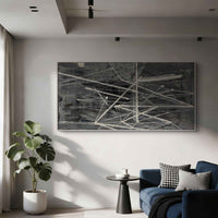 "Midnight Calm Geometry" is a 100% hand-painted minimalist abstract created with professional oil and acrylic paints on high-quality canvas. Its black & grey palette and visible textured strokes give every piece authentic handmade variation and tactile depth.