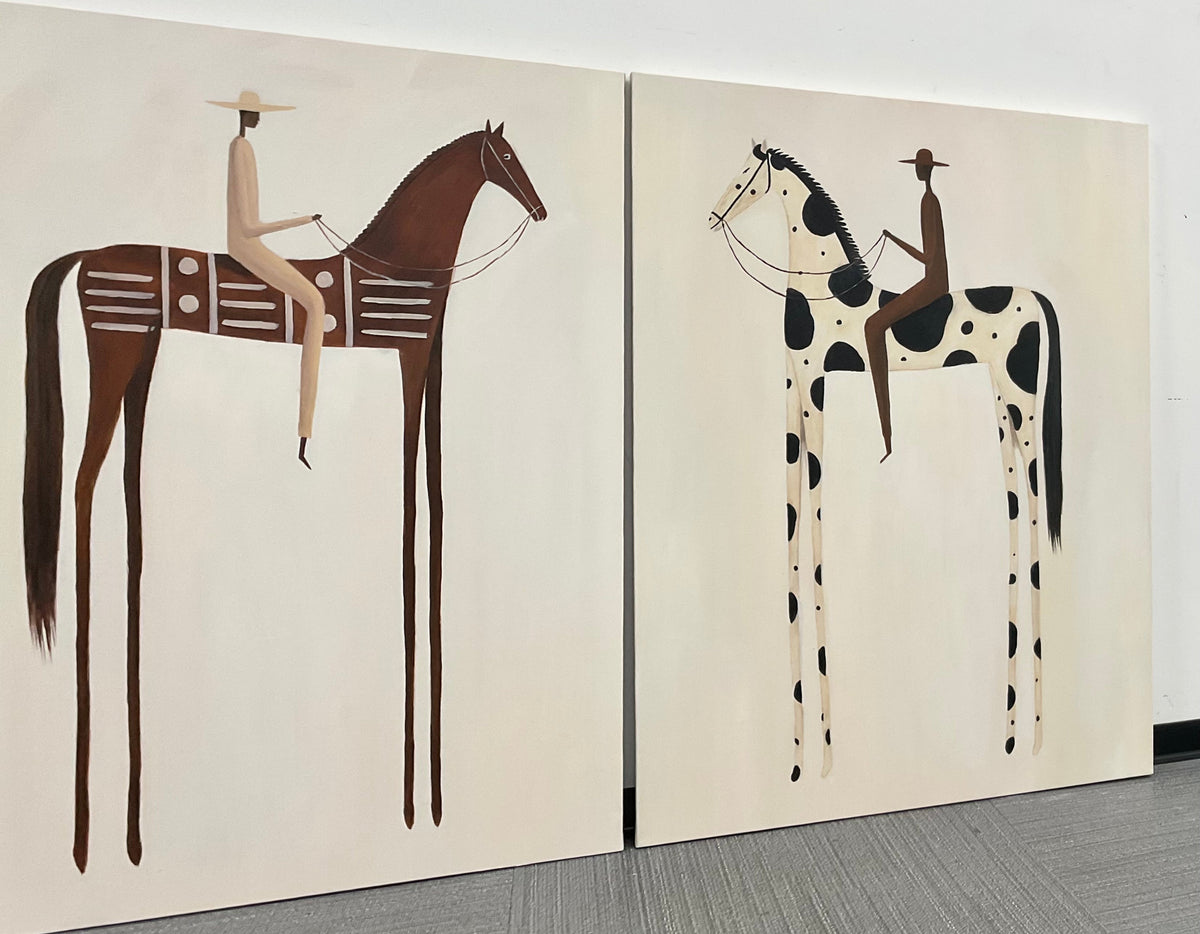 "Paired Reveries" - Modern Heavy Impasto Western Animal Artwork | Golden Palette Knife Painting | Luxury Two-Panel Vertical Wall Art #PT 2597
