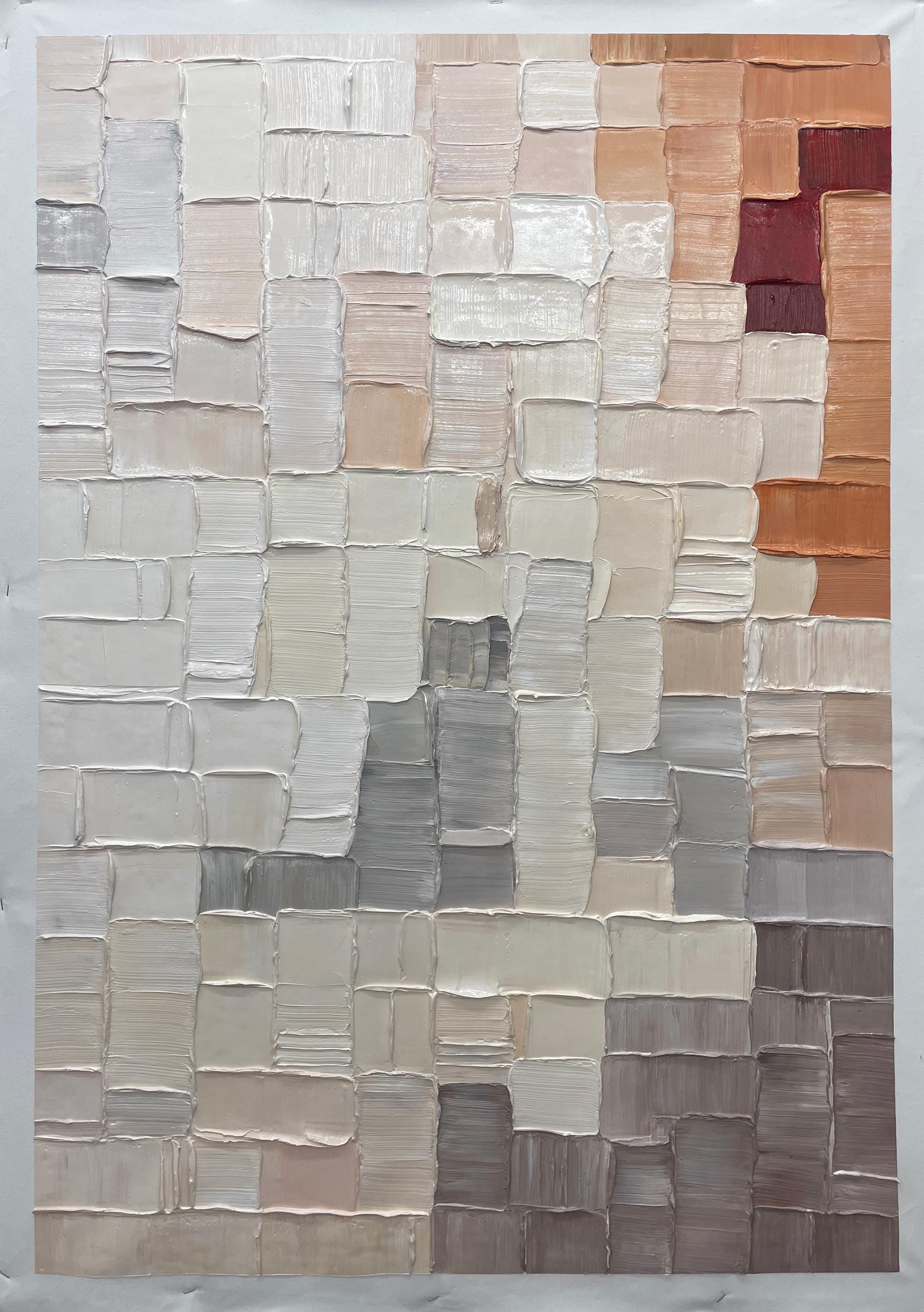 "Gradient Woven Clay Tile Relief" – Modern Heavy Impasto Geometric Minimal Abstract | 3D Warm Taupe & Ash Grey Palette Knife Painting | Luxury Vertical Wall Art #PT 575