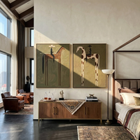 "Dual Long-Legged Cowboy Wanderers Diptych" – Modern Heavy Impasto Primitive Western Figurative | 3D Muted Olive & Rust Umber Palette Knife Painting | Luxury Two-Panel Vertical Wall Art Set #AB 521