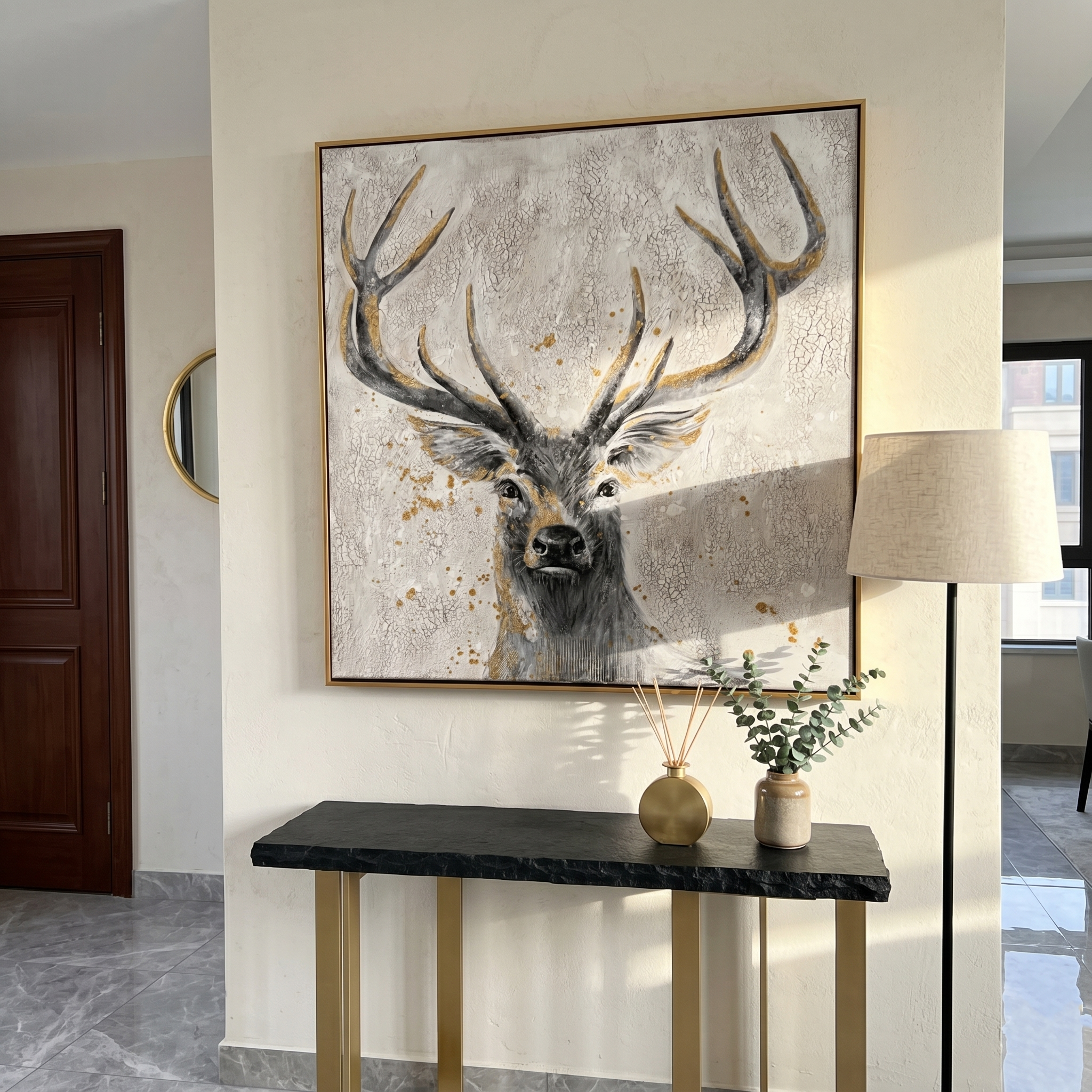 "The Gilded Guardian" – Modern Heavy Impasto Deer Portrait | Luxury 3D Crackle Texture Wall Art | Elegant Gold Foil Painting #AN135