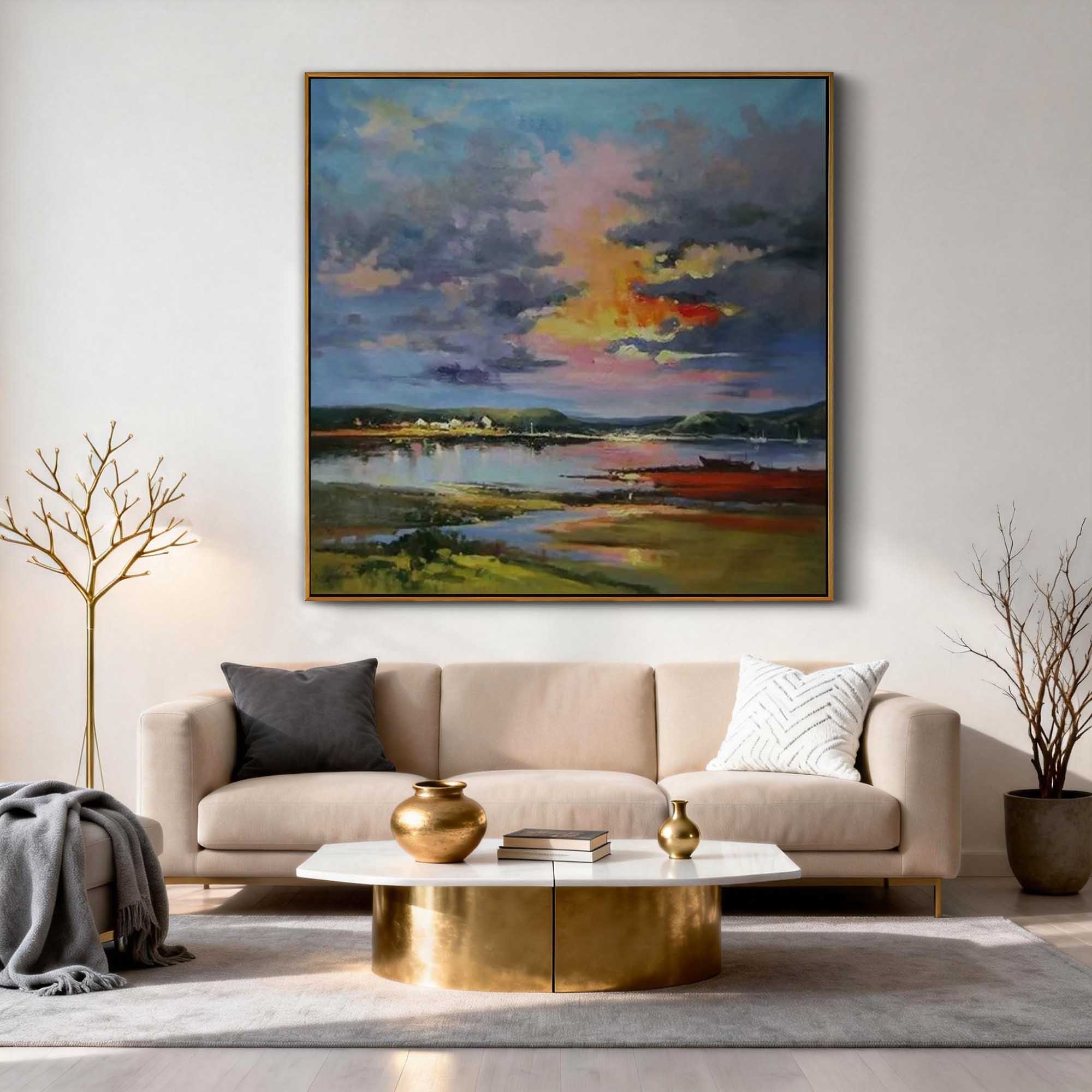 "The Gentle Glow" – Impressionist Sunset Village Scenery | Modern Pastoral Healing Style Landscape Wall Art #LC149