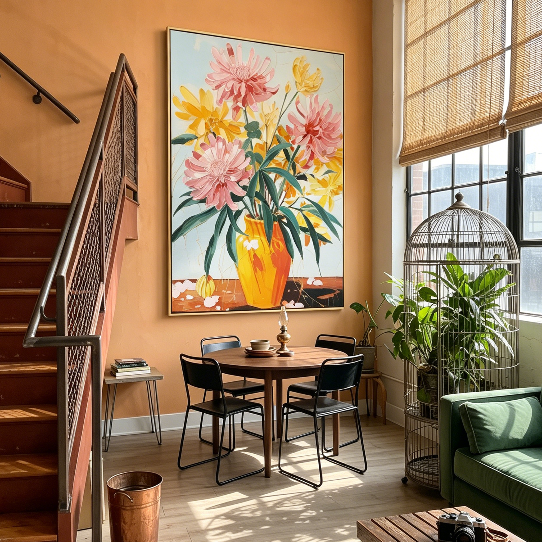 "Vivid Bloom" – Modern Vibrant Floral Impasto Painting | Dopamine Style Orange Vase Healing Wall Art #FL311