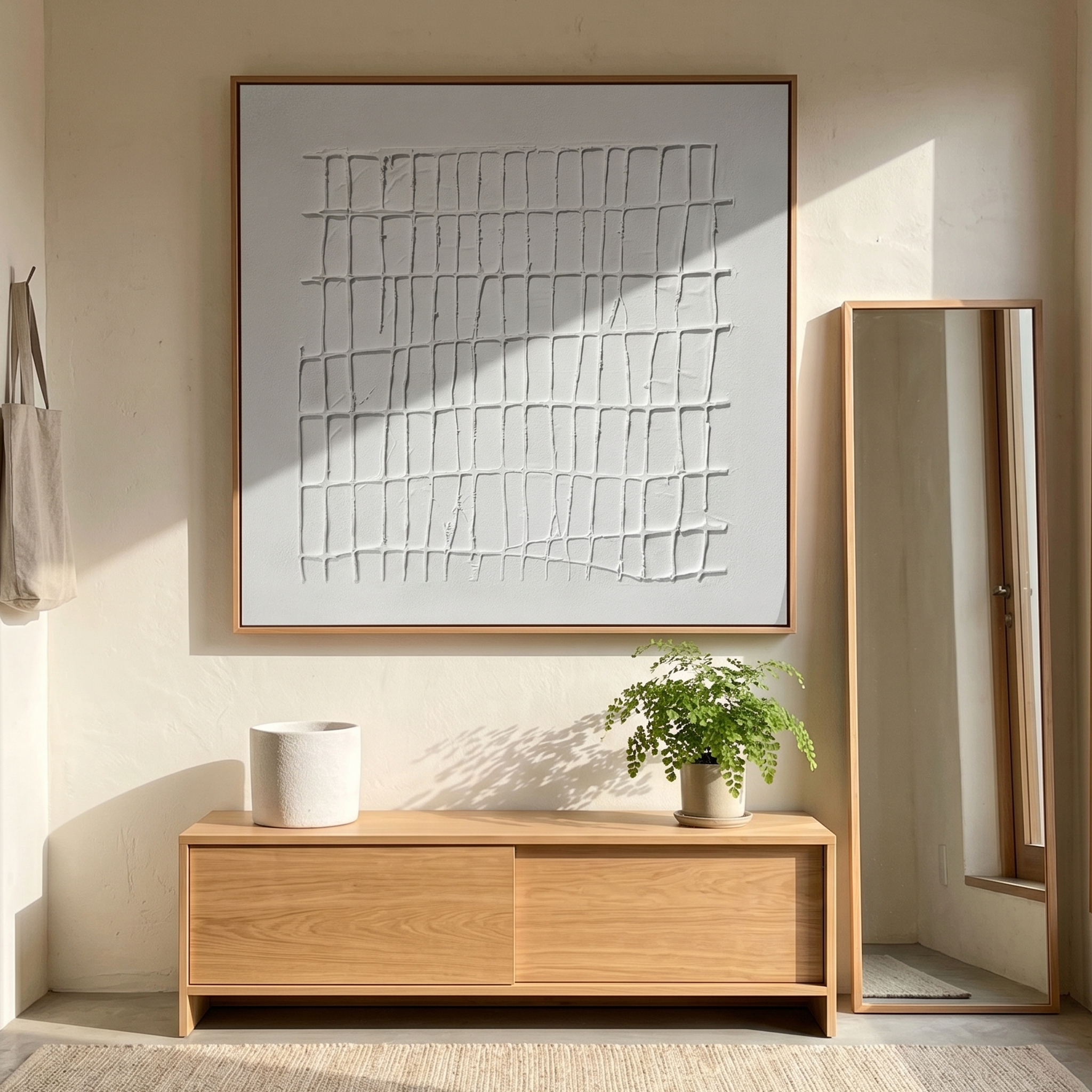 "The Lattice of Mind" – Modern Geometric Hand-Textured Relief | 3D Linear Minimalist Painting for High-End Interiors #MI187