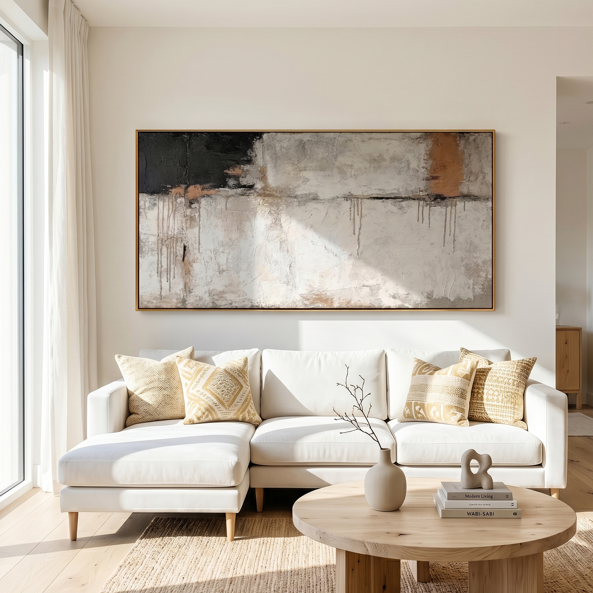 "Echo of the Plains" – Modern Industrial Heavy Impasto Abstract | Minimalist Wabi-Sabi Black & Gray Horizontal Art #WS 238