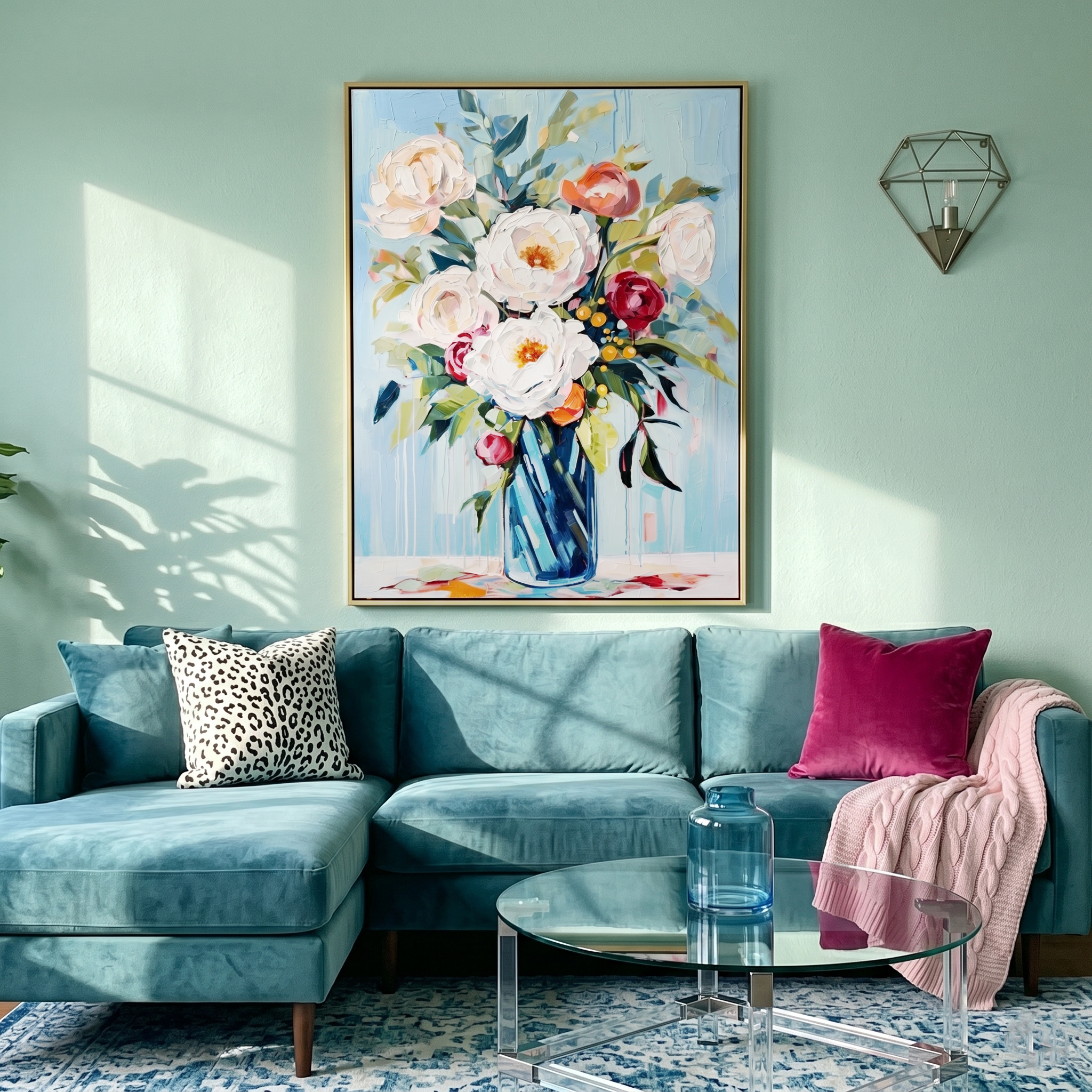 "Azure Bloom" – Modern Expressive Peony Floral Oil Painting | Refreshing Sky Blue Healing Style Wall Art #FL310