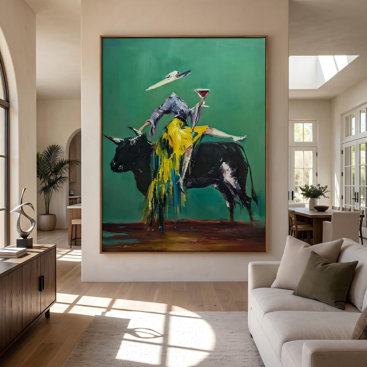 "Velvet Toast of the Emerald Bull" - Modern Heavy Impasto Western Animal Artwork | Green Palette Knife Painting | Luxury Vertical Wall Art #PT 2661