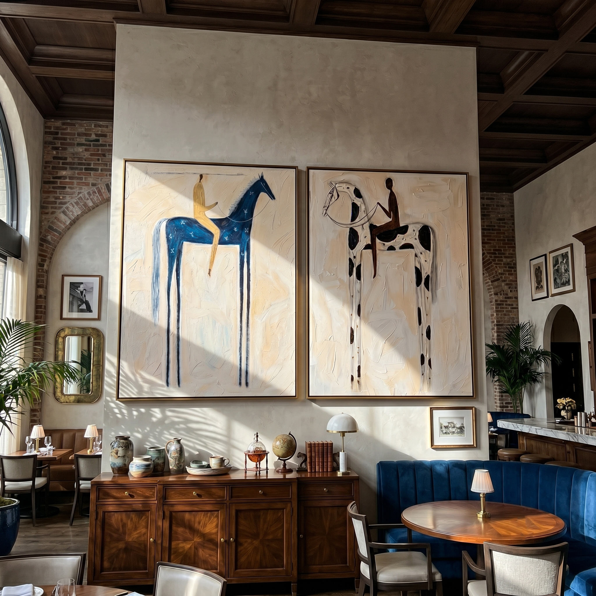 "Dual Stylized Equine Journey" – Modern Heavy Impasto Primitive Figurative | 3D Navy Blue & Warm Taupe Palette Knife Painting | Luxury Two-Panel Vertical Wall Art Set #AB 520