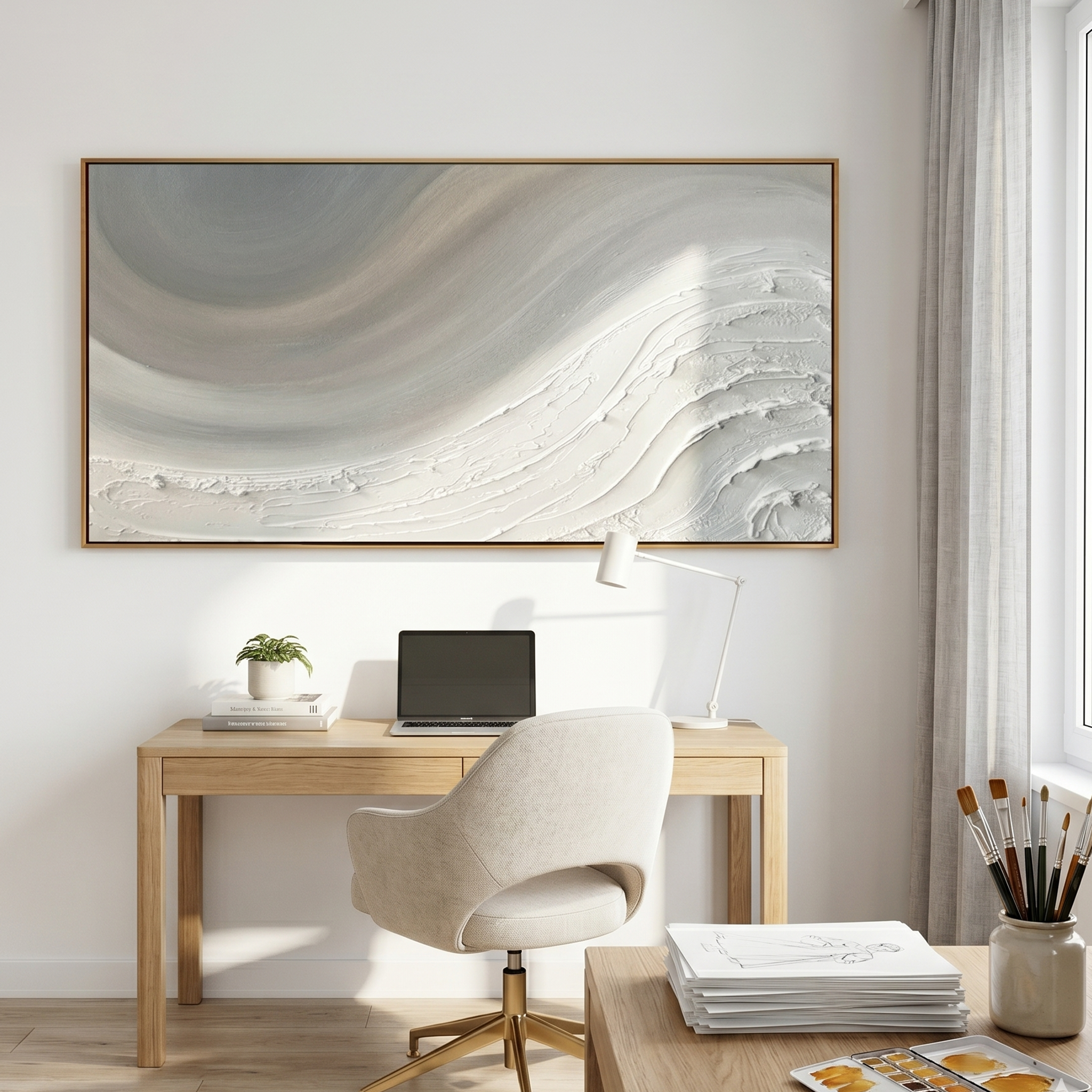 "Ethereal Tides" – 3D Sculptural Heavy Impasto Relief | Minimalist Creamy Gray Wabi-Sabi Horizontal Art#WS 239