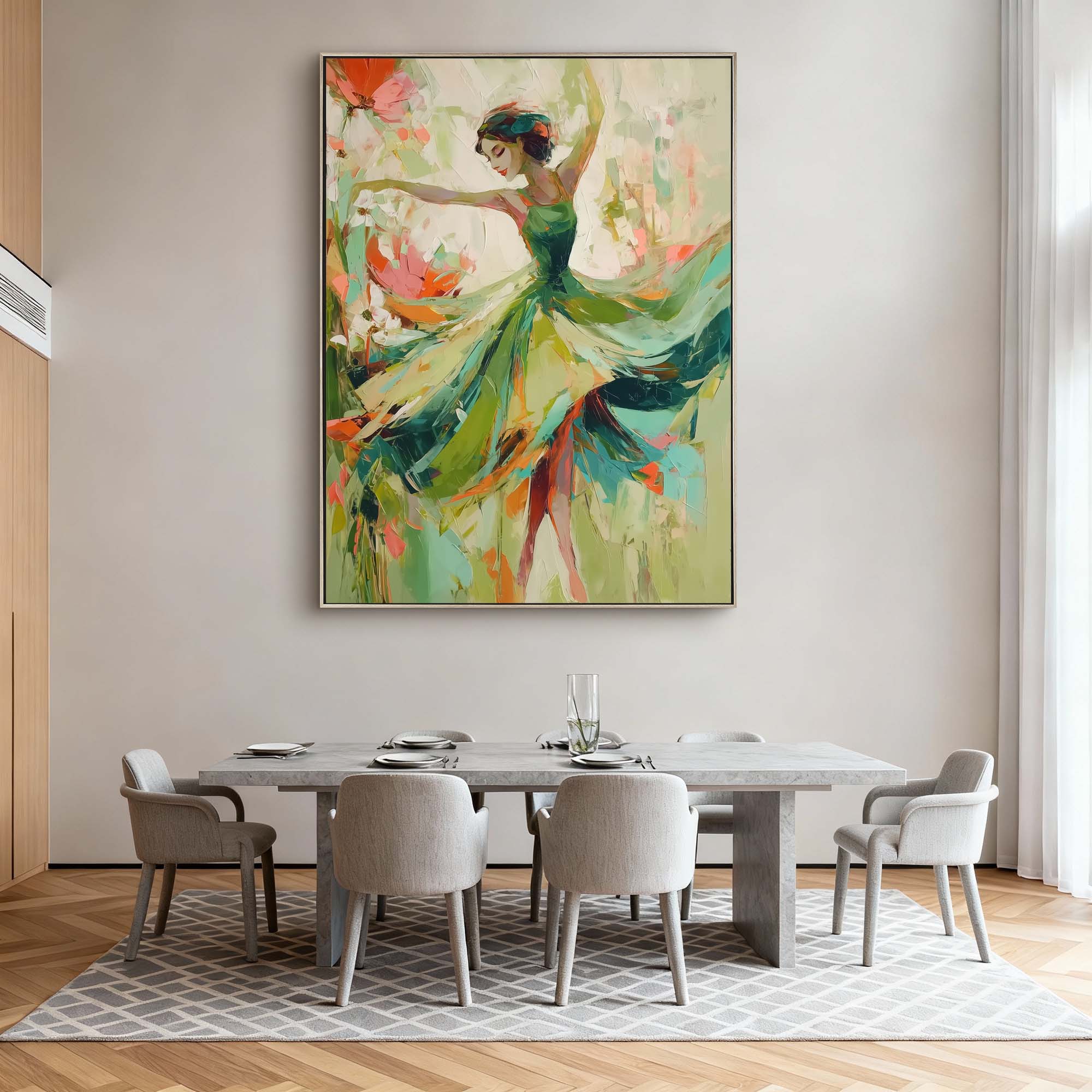 "Emerald Rhythm" – Modern Expressive Dancer Oil Painting | Sage Green & Floral Palette Textured Wall Art #PE461
