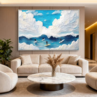 "Azure Sea Breeze" is a 100% hand-painted seascape created with professional oil and acrylic paints on high-quality canvas. Its blue & white palette and visible textured strokes give every piece authentic handmade variation and tactile depth.