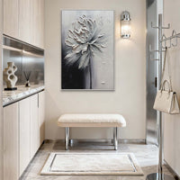"Midnight Petal Bloom" is a 100% hand-painted floral artwork created with professional oil and acrylic paints on high-quality canvas. Its black & white palette and visible textured strokes give every piece authentic handmade variation and tactile depth.