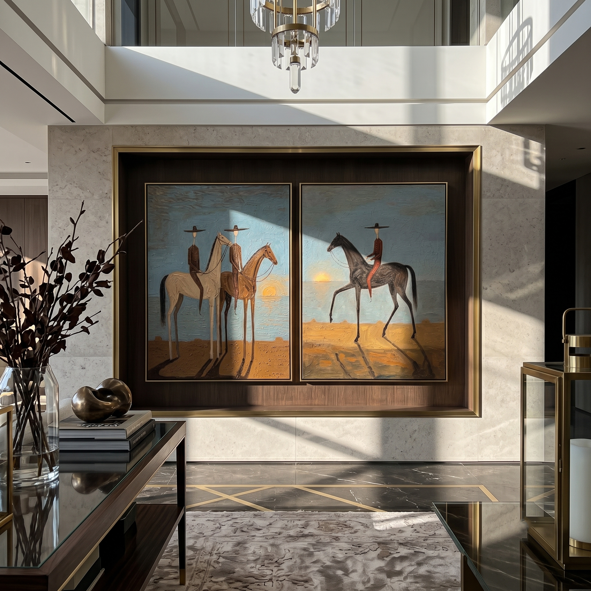 "Coastal Sunset Cowboy Duet Diptych" – Modern Heavy Impasto Surreal Western Figurative | 3D Dusk Blue & Earth Umber Palette Knife Painting | Luxury Two-Panel Vertical Wall Art Set #AB 522