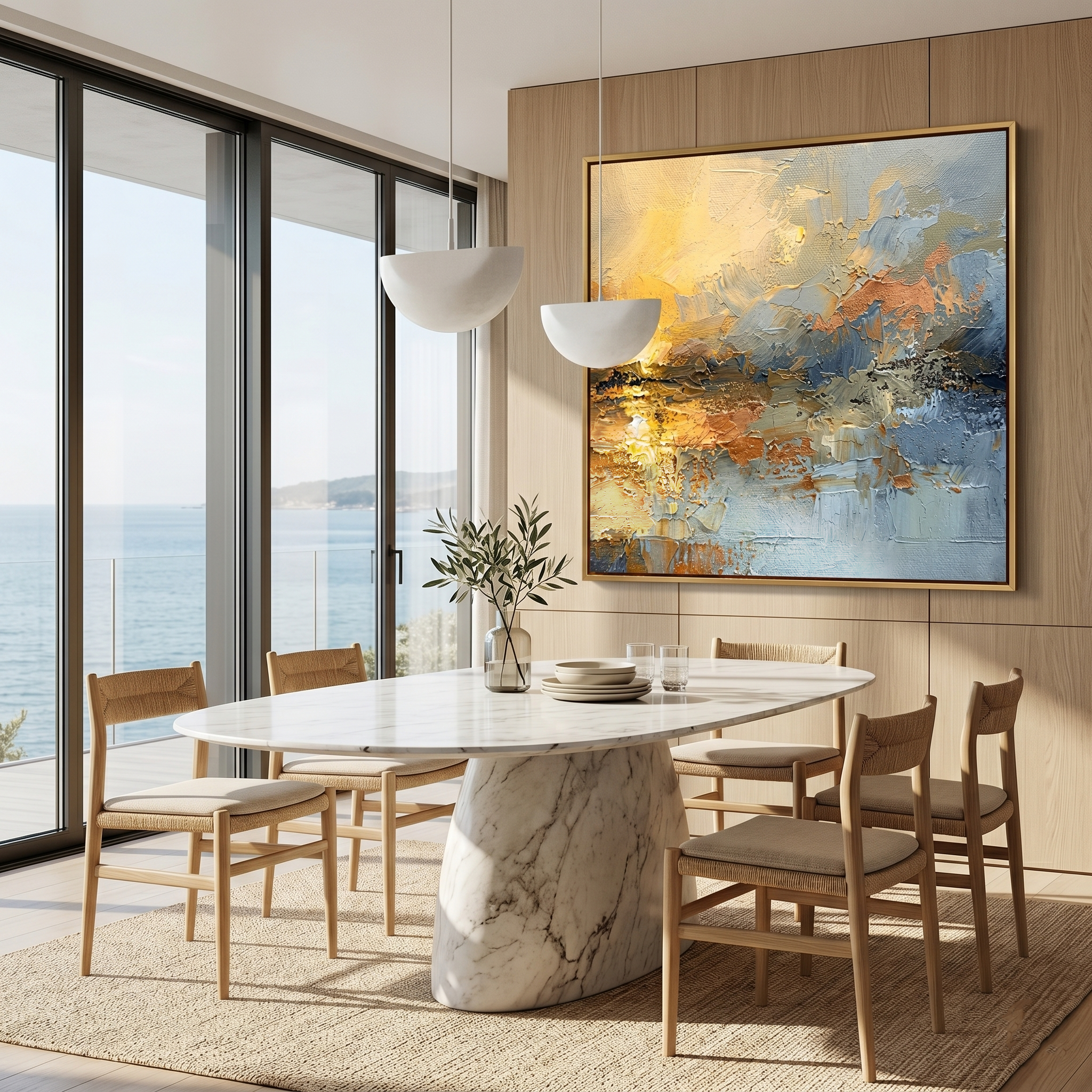 "Ethereal Dawn" – Modern Impressionist Sunrise Abstract | Bold Amber Gold & Mist Blue Gallery Wall Art #AB1022