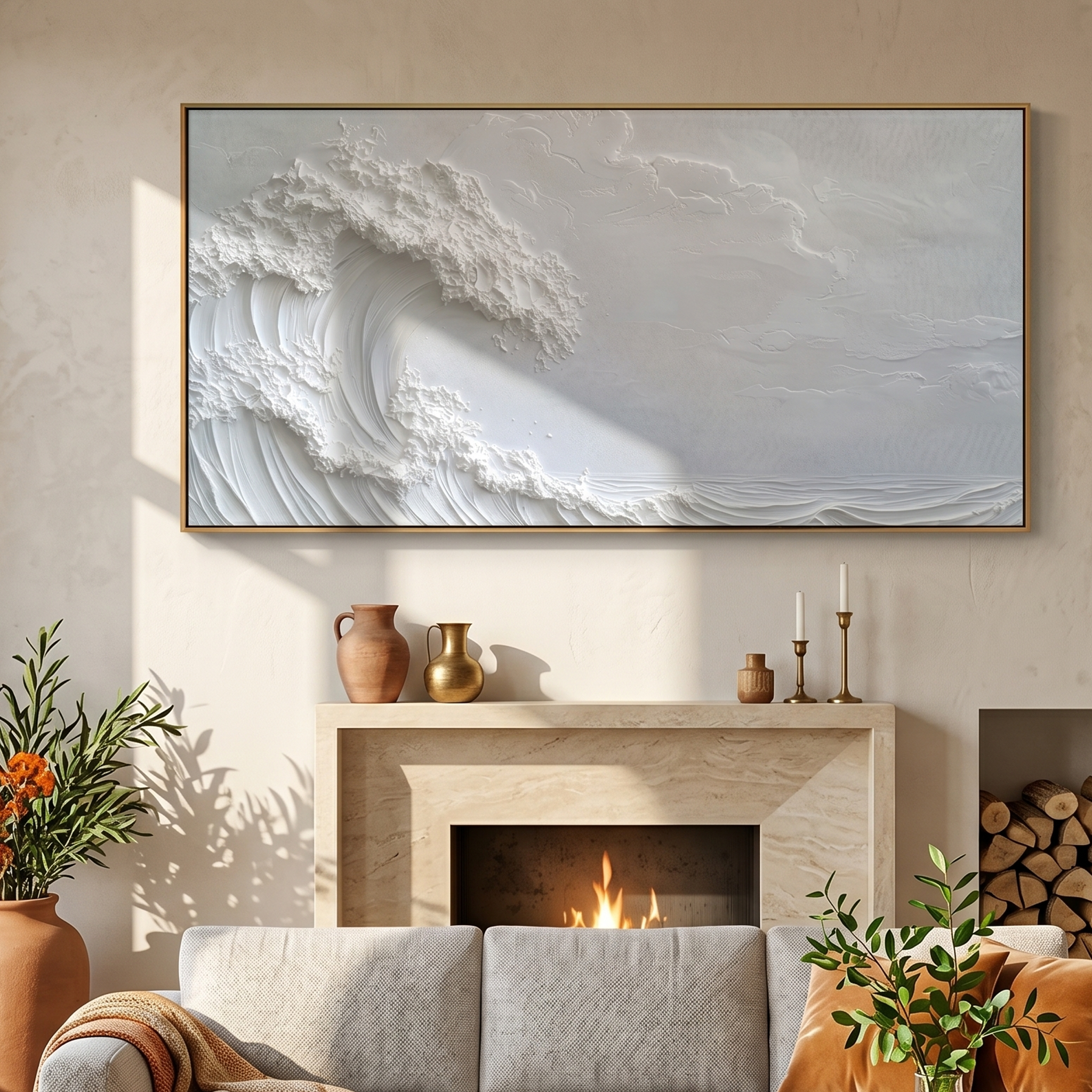 "The Alabaster Tide" – Minimalist White-on-White Relief | 3D Hand-Sculpted Heavy Impasto Wave Painting | Luxury Modern Horizontal Wall Art#PT 540
