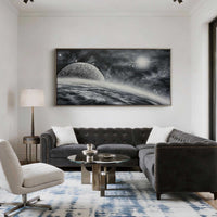 "Midnight Golden Field" is a 100% hand-painted landscape painting created with professional oil and acrylic paints on high-quality canvas. Its black & grey palette and visible textured strokes give every piece authentic handmade variation and tactile depth.