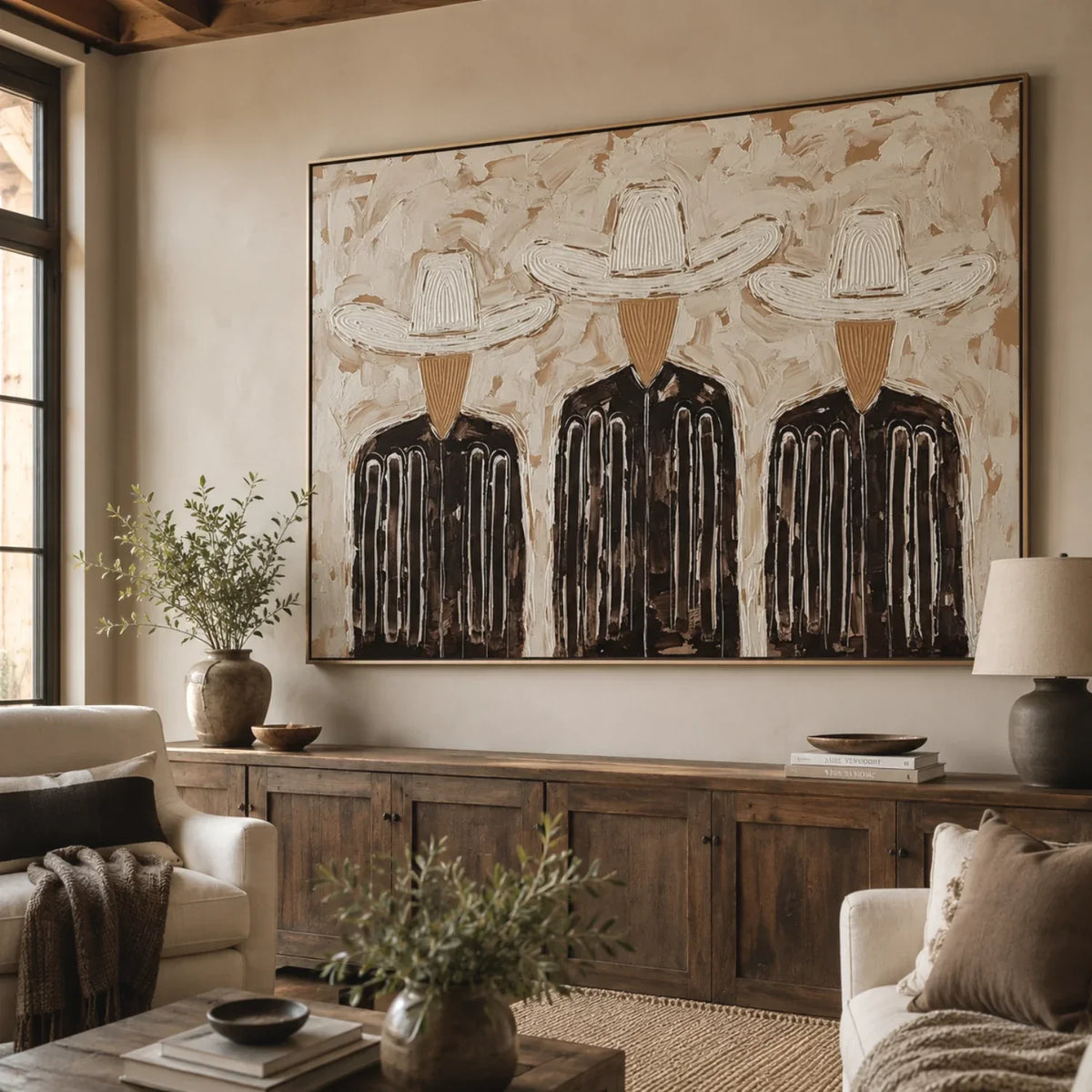 "Trinity in Linen" - Modern Heavy Impasto Abstract Artwork | Black & Golden Palette Knife Painting | Luxury Horizontal Wall Art #PT 2655