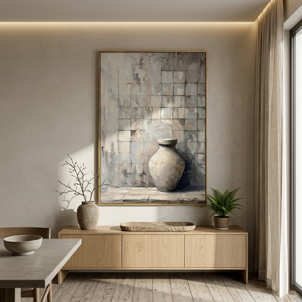 "The Ancient Vessel" – Wabi-Sabi Textured Still Life | Modern Morandi Gray Abstract Painting | Sophisticated 3D Impasto Wall Art#MI146