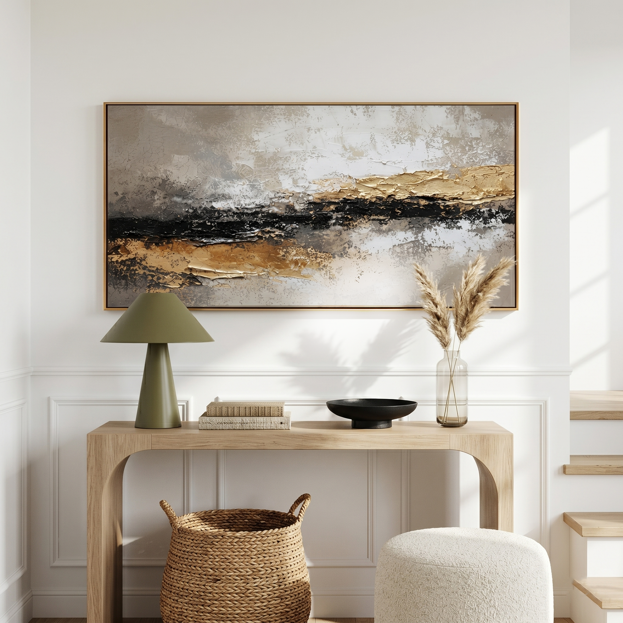 "Tectonic Rift" – Luxury 3D Sculptural Gold Foil Relief | Modern Wabi-Sabi Gray Texture Horizontal Art #WS 240