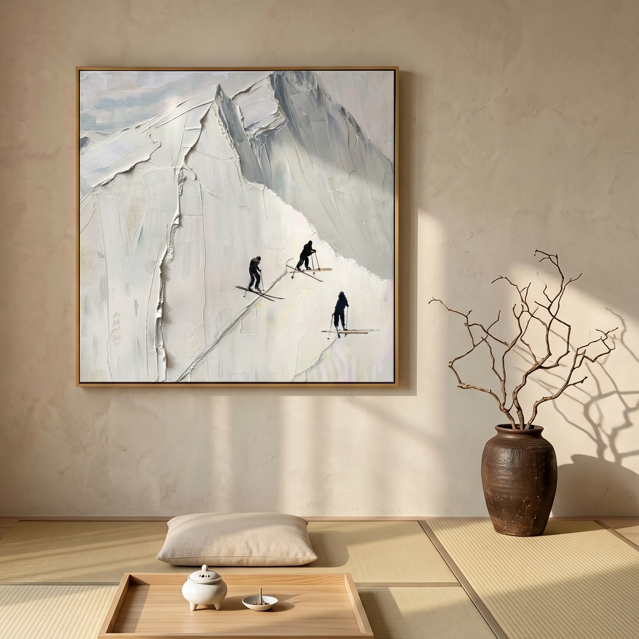 "Summit Trails" – Minimalist Snow Mountain Heavy Impasto | Hand-Textured 3D Skiing Art | Contemporary Alpine Wall Decor #PT538