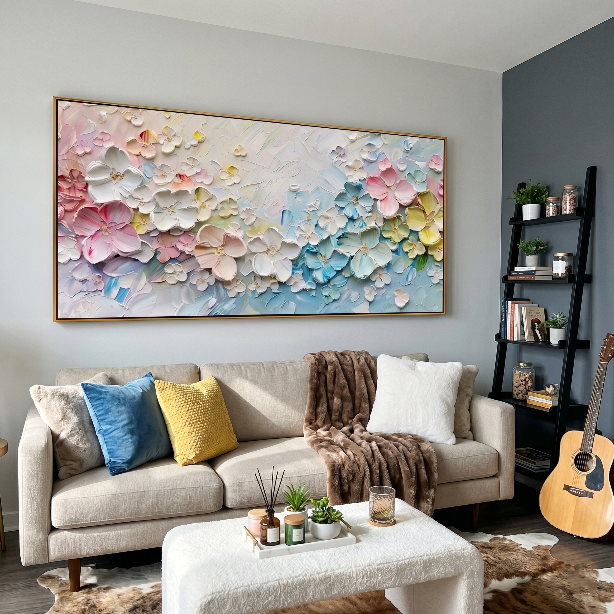 "Floral Sanctuary" – 3D Sculptural Heavy Impasto Blossom | Modern Creamy Style Healing Long Horizontal Wall Art #PT 546