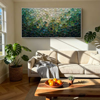 "Verdant Intersecting Forms" is a 100% hand-painted geometric abstract created with professional oil and acrylic paints on high-quality canvas. Its green palette and visible textured strokes give every piece authentic handmade variation and tactile depth.