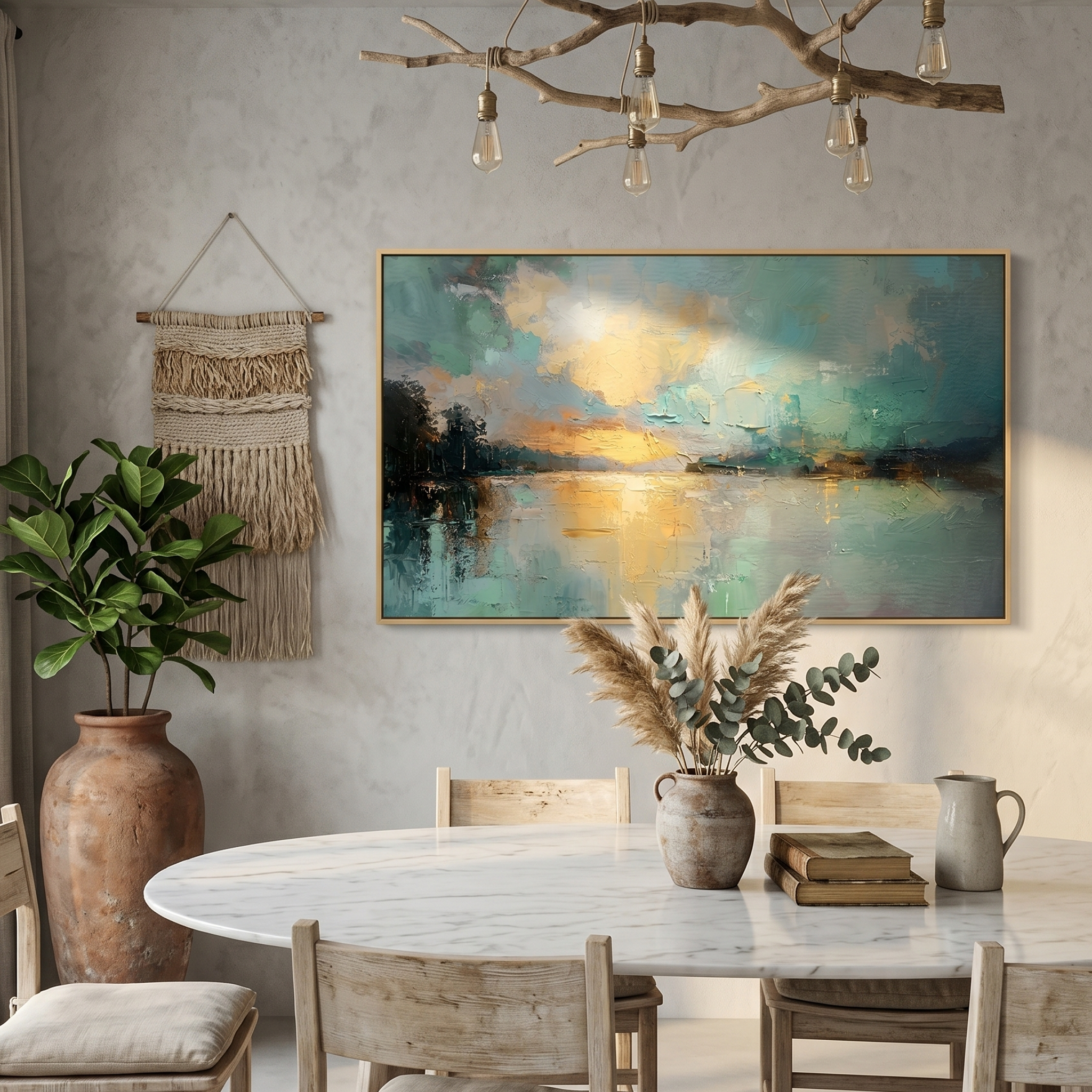 "Emerald Dawn" – Modern Impressionist Lake Seascape | Ethereal Teal & Gold Horizontal Gallery Wall Art#LC151