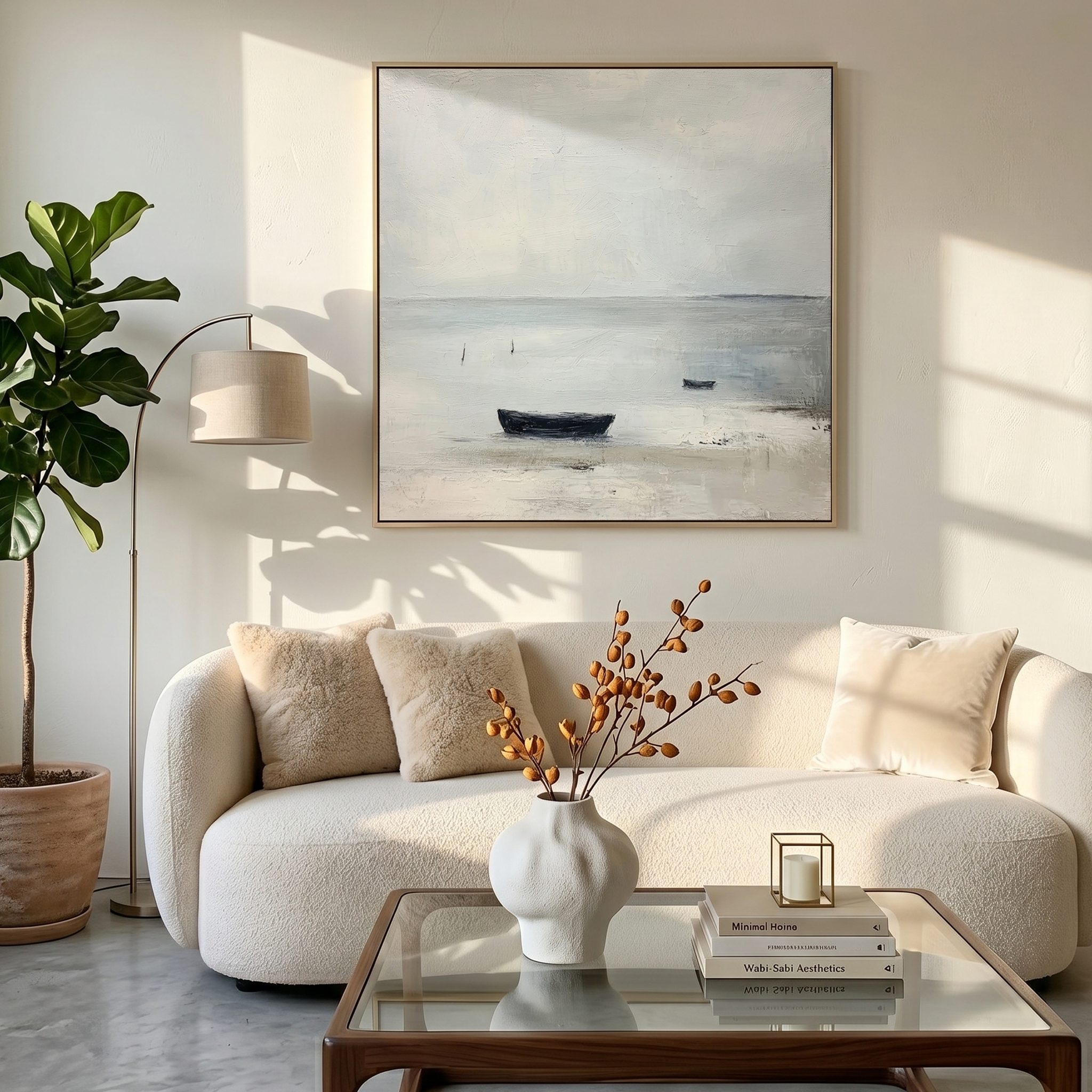 "The Silent Moor" – Modern Zen Minimalist Boat Abstract | Misty Gray Seascape Wabi-Sabi Gallery Art #WS 228