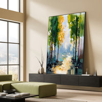 "Azure Morning Meadow" is a 100% hand-painted landscape painting created with professional oil and acrylic paints on high-quality canvas. Its blue & green palette and visible textured strokes give every piece authentic handmade variation and tactile depth.
