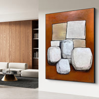 "Silver Muted Space" is a 100% hand-painted minimalist abstract created with professional oil and acrylic paints on high-quality canvas. Its grey & orange palette and visible textured strokes give every piece authentic handmade variation and tactile depth.