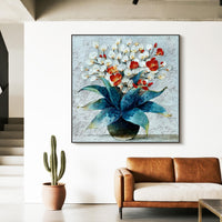 "Azure Petal Bloom" is a 100% hand-painted floral artwork created with professional oil and acrylic paints on high-quality canvas. Its blue & green palette and visible textured strokes give every piece authentic handmade variation and tactile depth.
