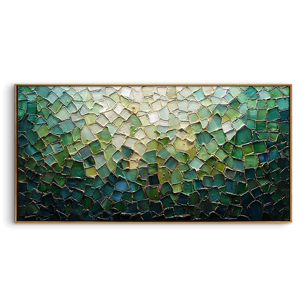 "Emerald Wilderness & Flowing Gold" – Hand-Painted Palette Knife Impasto Oil Painting | 3D Mosaic Geometric Greenery Modern Light Luxury Living Room Wall Art#PT 379