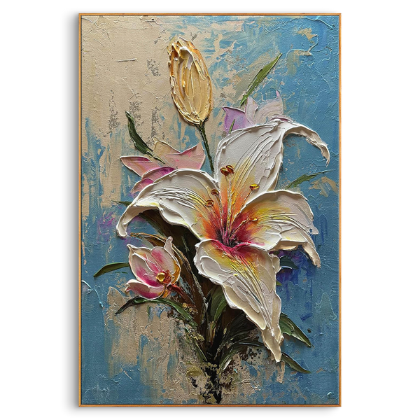 "Ethereal Lily" – 3D Sculptural Heavy Impasto Oil Painting | Luxury Gold Leaf & Blue Textured Floral Wall Art #FL283
