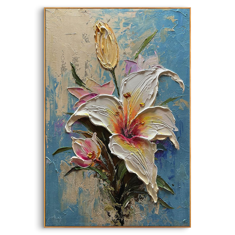"Ethereal Lily" – 3D Sculptural Heavy Impasto Oil Painting | Luxury Gold Leaf & Blue Textured Floral Wall Art #FL283