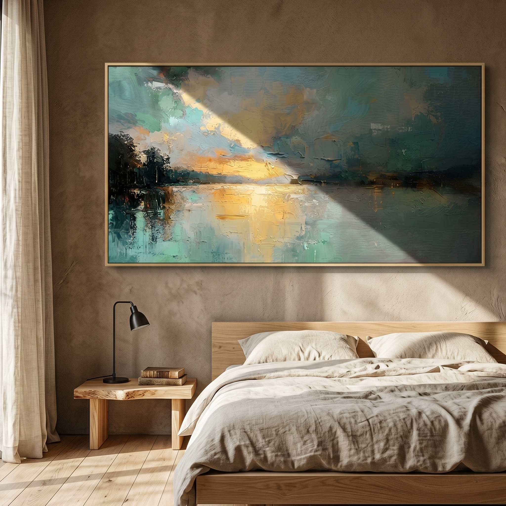 "Emerald Dawn" – Modern Impressionist Lake Seascape | Ethereal Teal & Gold Horizontal Gallery Wall Art#LC151