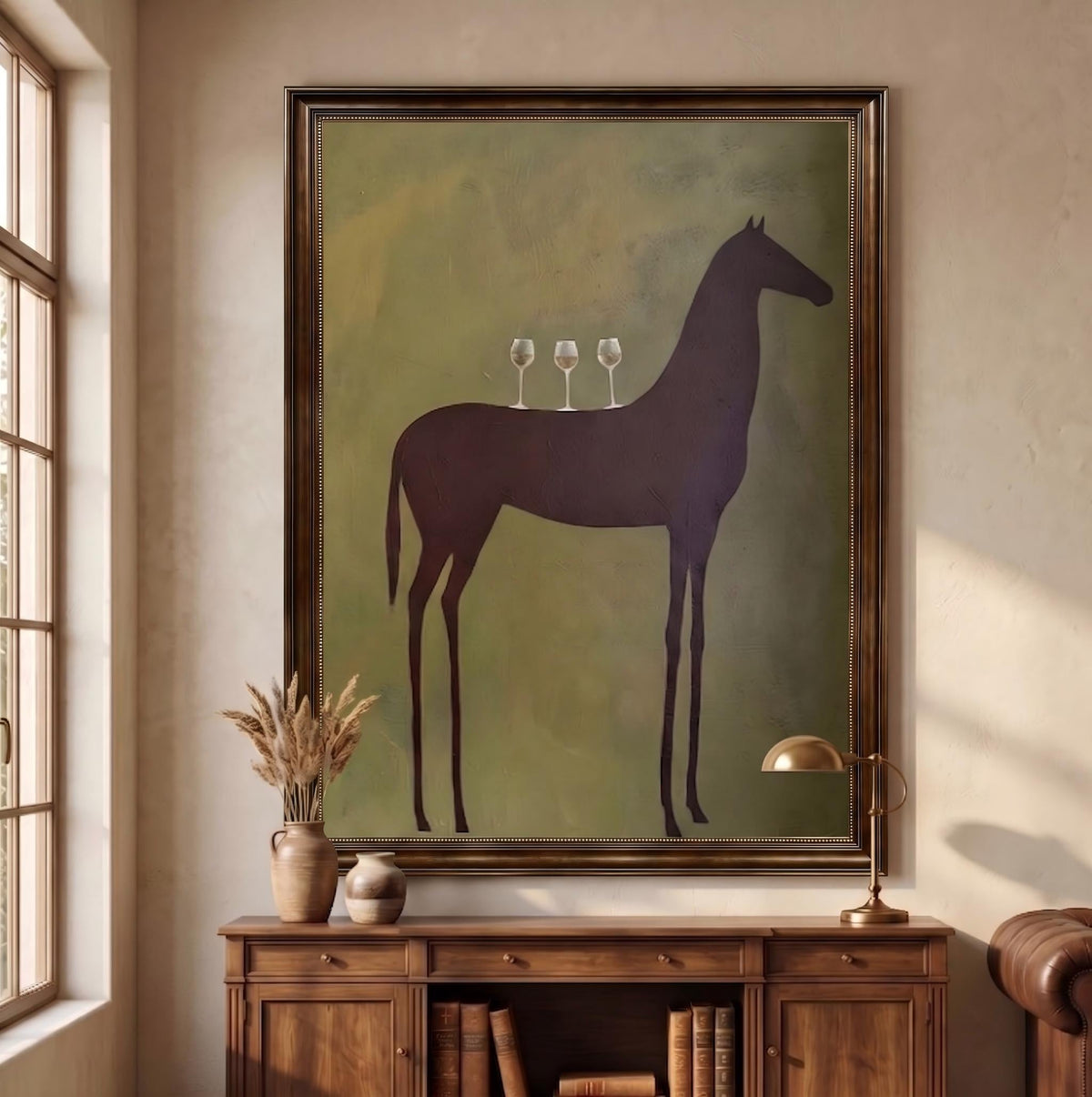 "Quiet Toast" - Modern Heavy Impasto Western Animal Artwork | Green Palette Knife Painting | Luxury Vertical Wall Art #PT 2659