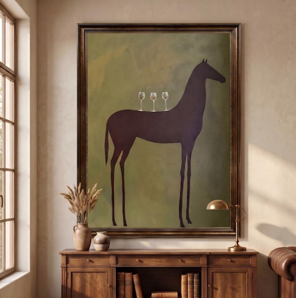 "Quiet Toast" - Modern Heavy Impasto Western Animal Artwork | Green Palette Knife Painting | Luxury Vertical Wall Art #PT 2659