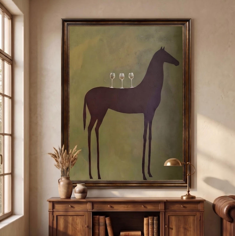 "Quiet Toast" - Modern Heavy Impasto Western Animal Artwork | Green Palette Knife Painting | Luxury Vertical Wall Art #PT 2659